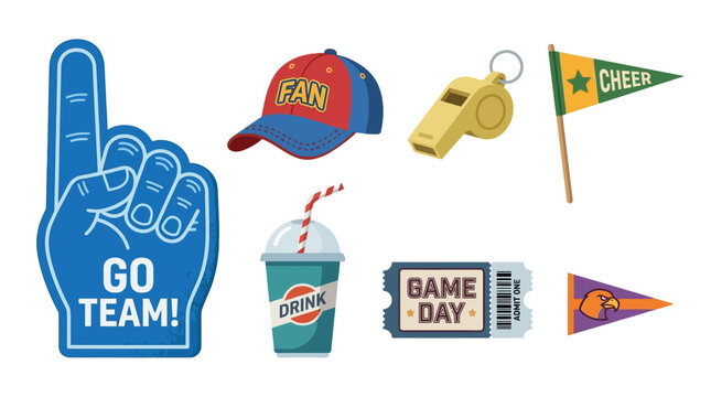 A collection of sports-themed items including a foam finger, baseball cap, whistle, flags, soda, and tickets on display for game day.