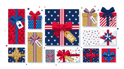 Fototapeta premium A collection of wrapped gifts with ribbons and bows on various patterns.