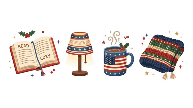 Cozy winter scene with festive mug, blanket, book, and lamp on a table indoors