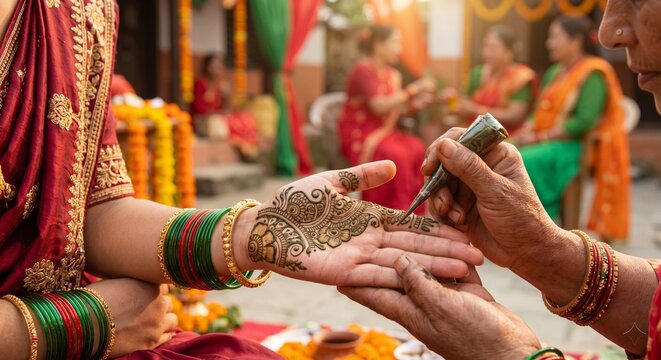 Teej Festival Mehndi Art Female Hands in Warm Golden Celebration