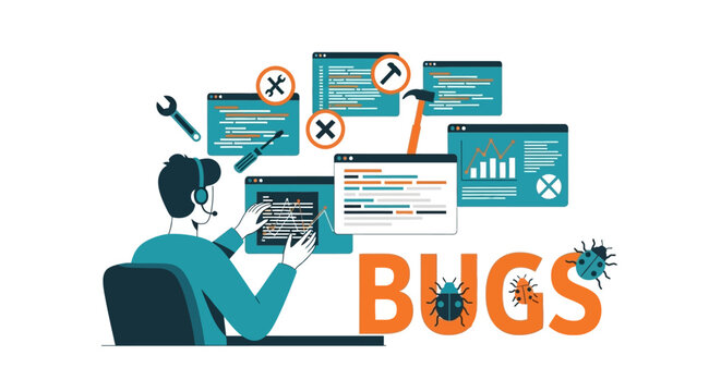 Software Bugs Debugging Process Flat Vector Illustration
