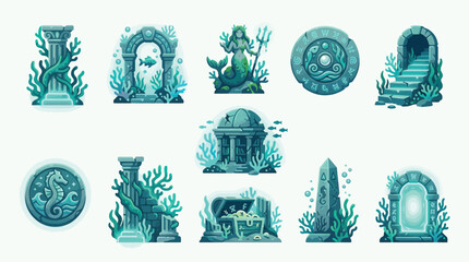Collection of pixel art underwater ruins and mythical elements, including columns, arches, a mermaid, and treasure chests. © tr
