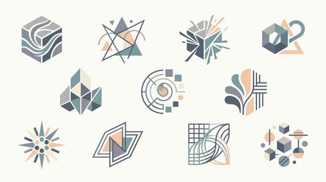 A collection of abstract geometric logos and icons in a minimalist, modern style with a muted color palette.