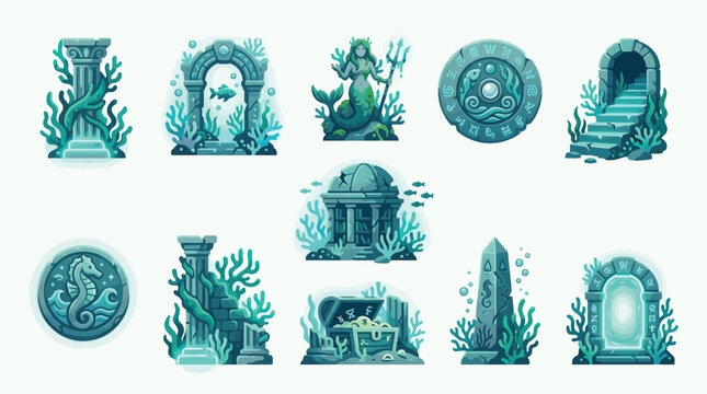 Collection of pixel art underwater ruins and mythical elements, including columns, arches, a mermaid, and treasure chests.
