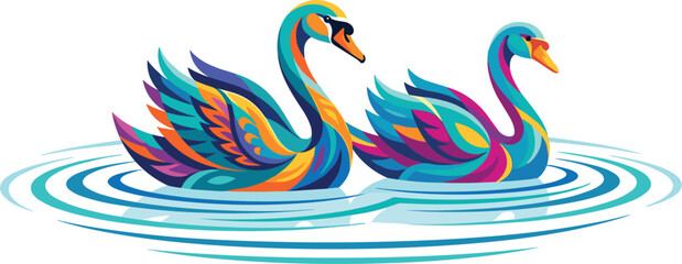 Vector illustration of two colorful swans swimming in water ripples isolated on a white background © MstJasmin