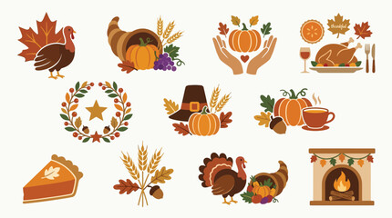 Thanksgiving Icons Collection: Turkeys, Pumpkins, Pie, Cornucopia, and Fireplace. © tr