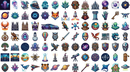 Vector pixel art mega icon set with cyberpunk gadgets fantasy creatures magic crystals and sci-fi technology isolated on white background © MstJasmin