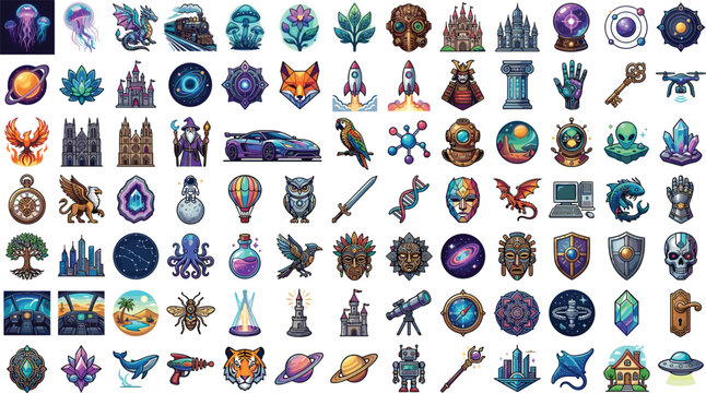 Vector pixel art mega icon set with cyberpunk gadgets fantasy creatures magic crystals and sci-fi technology isolated on white background