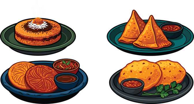 Vector illustration set of traditional Bangladeshi street food and snacks including samosa jalebi and pitha isolated on white background