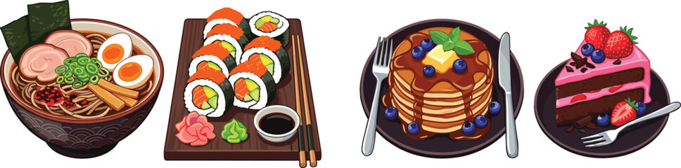 Vector illustration set of delicious meals and desserts including japanese ramen bowl sushi maki rolls pancakes and strawberry chocolate cake slice isolated on white background © MstJasmin