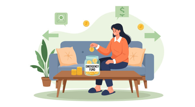 Woman saving money in emergency fund jar on sofa, financial planning concept