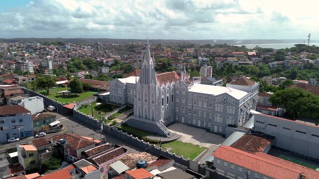 Aerial drone view of Nossa Senhora da Piedade Church in Ilheus Bahia Brazil with urban cityscape