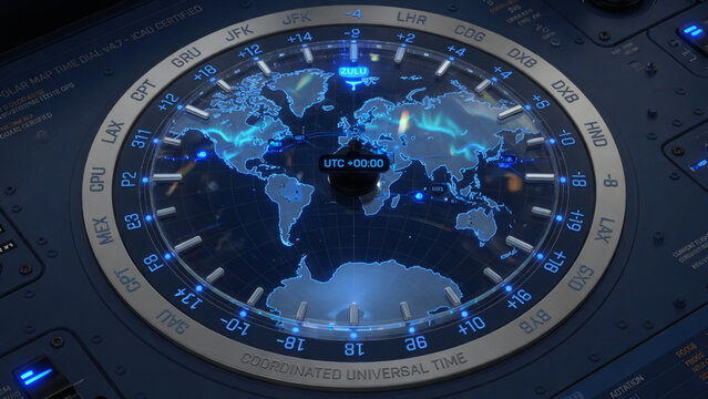 Futuristic world time zone clock interface