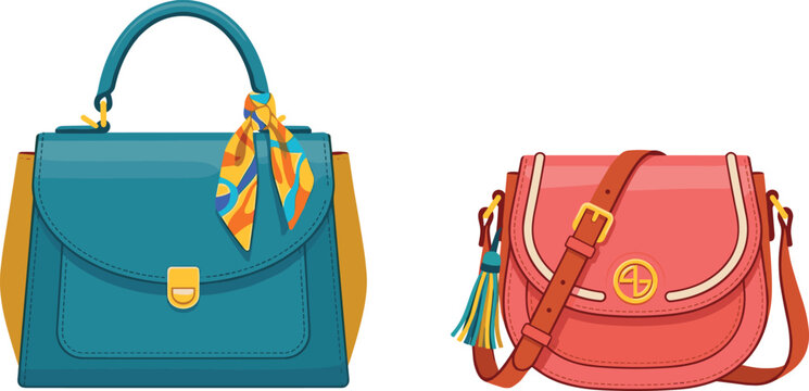 Vector illustration of two modern female fashion handbags including a turquoise top handle tote bag and a pink crossbody saddle bag isolated on white background