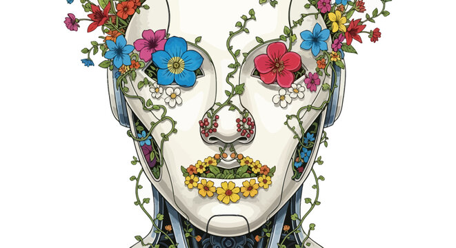 Android Face with Flowers Vector Illustration