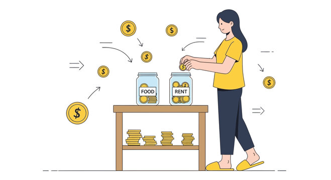 Woman saving money in jars for food and rent, coins falling into jars