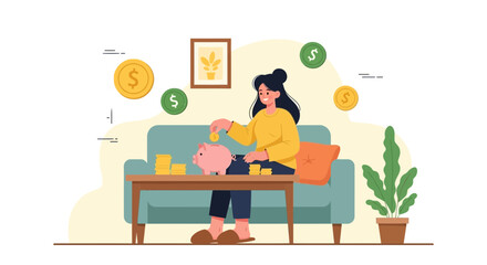 Fototapeta premium Woman Saving Money in Piggy Bank, Financial Planning, Investment Growth, Home Budgeting