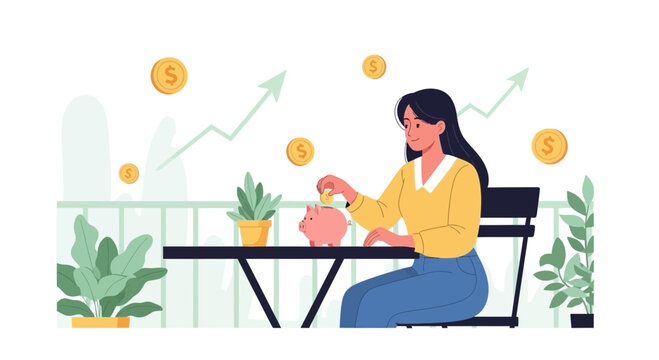 Woman saving money in piggy bank with growing graph and coins, financial growth concept