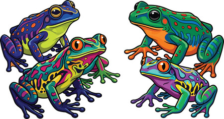 Fototapeta premium Vector illustration set of colorful poison dart frogs and tropical tree frogs isolated on a white background