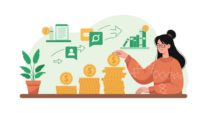 Woman stacking coins, financial growth concept, investment and savings illustration