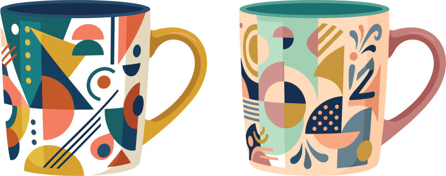Vector illustration of two ceramic mugs with abstract colorful geometric patterns isolated on white background