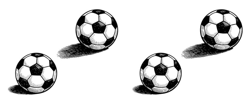 Ilustraci&oacute;n vectorial de bal&oacute;n de f&uacute;tbol con l&iacute;neas de movimiento y sombra aislado en blanco. Dibujo a mano de bal&oacute;n en estilo de borrador doodle y grunge. &Iacute;cono de f&uacute;tbol soccer para dise&ntilde;os gr&aacute;ficos