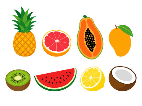 Colecci&oacute;n de frutas frescas y coloridas de verano. &Iacute;conos de vector de frutas tropicales de temporada. Set de doodles, pi&ntilde;a, sand&iacute;a, coco, mango, kiwi, papaya, toronja, lim&oacute;n. Aislados en fondo blanco
