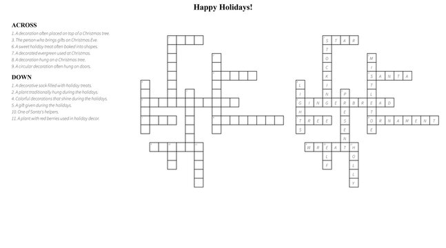 Holiday-themed crossword puzzle with clues and empty boxes, Holiday crossword worksheet sheet