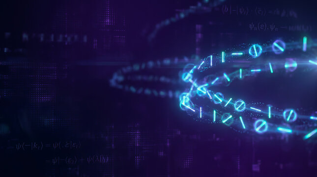 Abstract digital data stream with glowing blue binary symbols flowing through a futuristic purple technological network background.