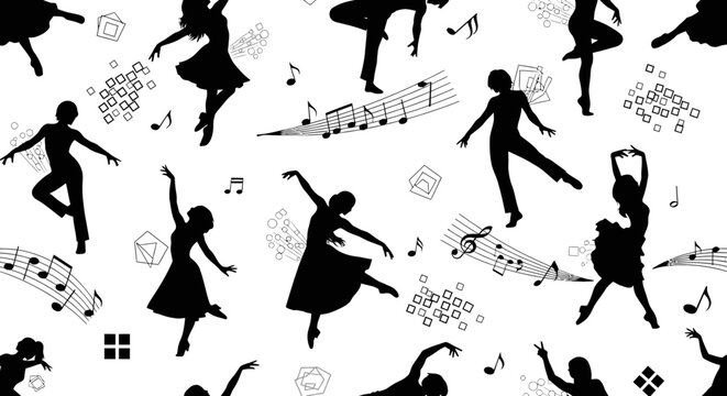 Seamless pattern of dancing silhouettes and musical notes