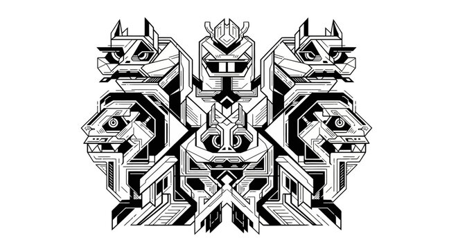Symmetrical mecha animal head illustration in black and white
