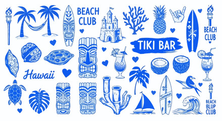 Vibrant blue hand drawn vector elements celebrating Hawaiian tropical paradise, beach club culture, and tiki bar themes for summer designs © Viadalla