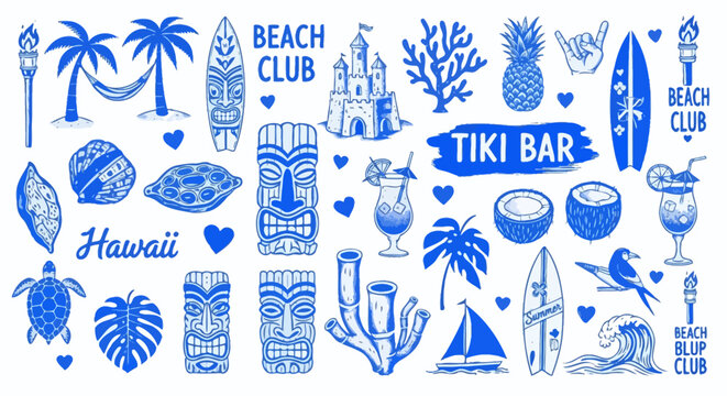 Vibrant blue hand drawn vector elements celebrating Hawaiian tropical paradise, beach club culture, and tiki bar themes for summer designs