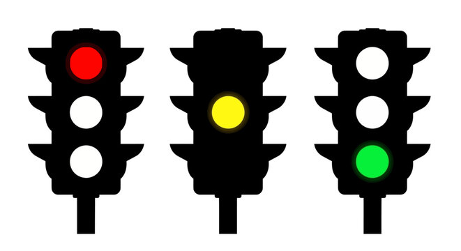 Vector illustration of a set of standard traffic lights, displaying red stop, yellow caution, and green go signals for road safety and urban regulation