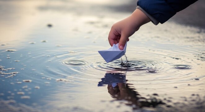 M&atilde;o de crian&ccedil;a colocando barquinho de papel na &aacute;gua, criando ondula&ccedil;&otilde;es.