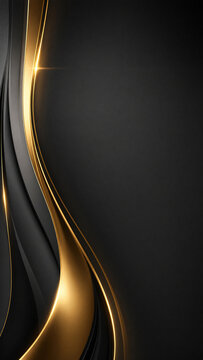 Luxury Black and Gold Abstract Wave Background with Glowing Golden Lines &mdash; Premium Dark Elegant Design,ラグジュアリー ブラック＆ゴールド 抽象ウェーブ背景 輝く黄金ラインのプレミアムダークエレガントデザイン