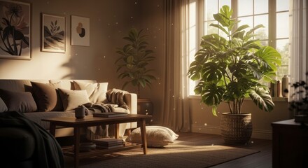 Fototapeta premium Sala de estar aconchegante com plantas de interior e muita luz natural.
