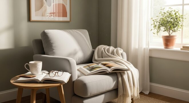 Sala de estar aconchegante, poltrona, livros, x&iacute;cara de caf&eacute;, plantas e luz natural.
