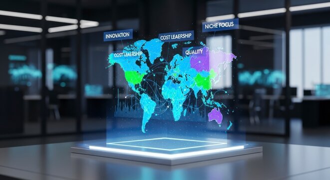 Visualiza&ccedil;&atilde;o de um mapa-m&uacute;ndi digital com conceitos de neg&oacute;cios em um display.
