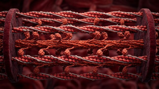 Microscopic view of muscle fibers showing actin and myosin filaments, muscle contraction, and sarcomere structure