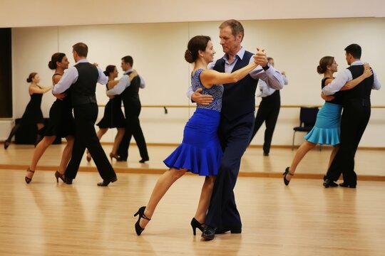 Adults practice ballroom dance stpic in studio. Couples move gracefully to music. Men wear vests, women wear skirts. They hold hands, spin and step together on polished floor.
