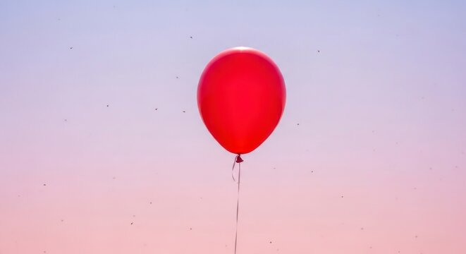 Um &uacute;nico bal&atilde;o vermelho ascendendo em um c&eacute;u claro, simbolizando liberdade e celebra&ccedil;&atilde;o.