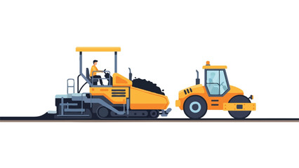 Fototapeta premium Flat Vector Illustration of Road Construction Machinery Featuring Asphalt Paver and Road Roller Working on Pavement isolated on White Background