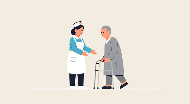 Nurse helps elderly patient walk with walker, healthcare assistance, senior care concept