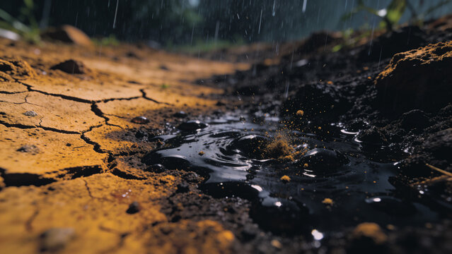 乾燥してひび割れた地面に雨が降り注いでいる、混ざって黒い液体上になる、