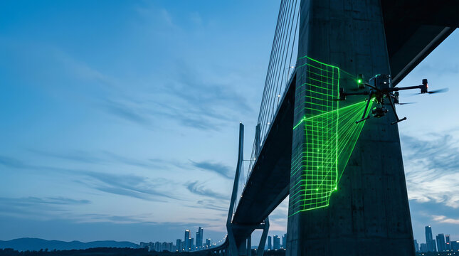 Drone scans bridge structure with green laser grid for inspection and structural analysis in urban environment