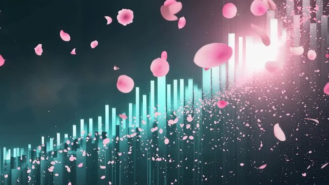 サイバー都市のグラデーション上を桜が上昇軌跡で描く