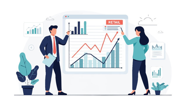 Business Professionals Analyzing Retail Sales Data and Growth Charts on a Digital Dashboard