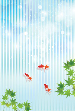Refreshing Summer Background Featuring Goldfish and Fresh Green Maple Leaves
