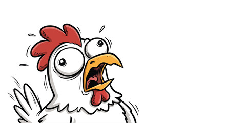 Funny cartoon chicken with wide eyes screaming in panic screaming hysterical animation character illustration expression creature surprised distressed agitated feathers © Akila